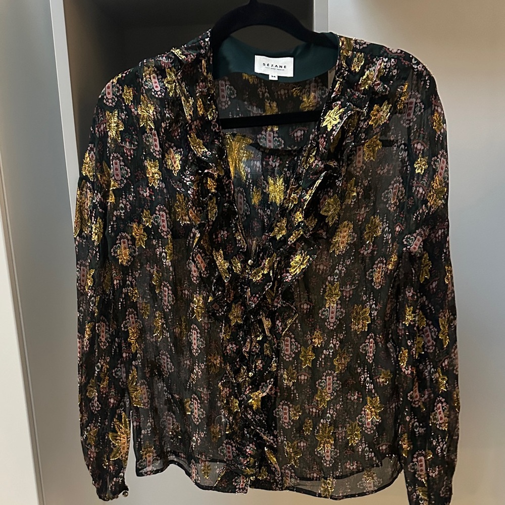Sezane Black and Gold Floral Blouse